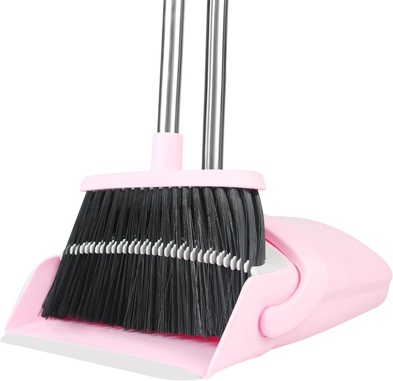 BSKLIN Broom and Dustpan Set Pink, Broom with Dustpan Combo Set for Home 52-in Long Adjustable Handle Dustpan Teeth to Clean Hair for Home Office Kitchen Lobby - Image 1